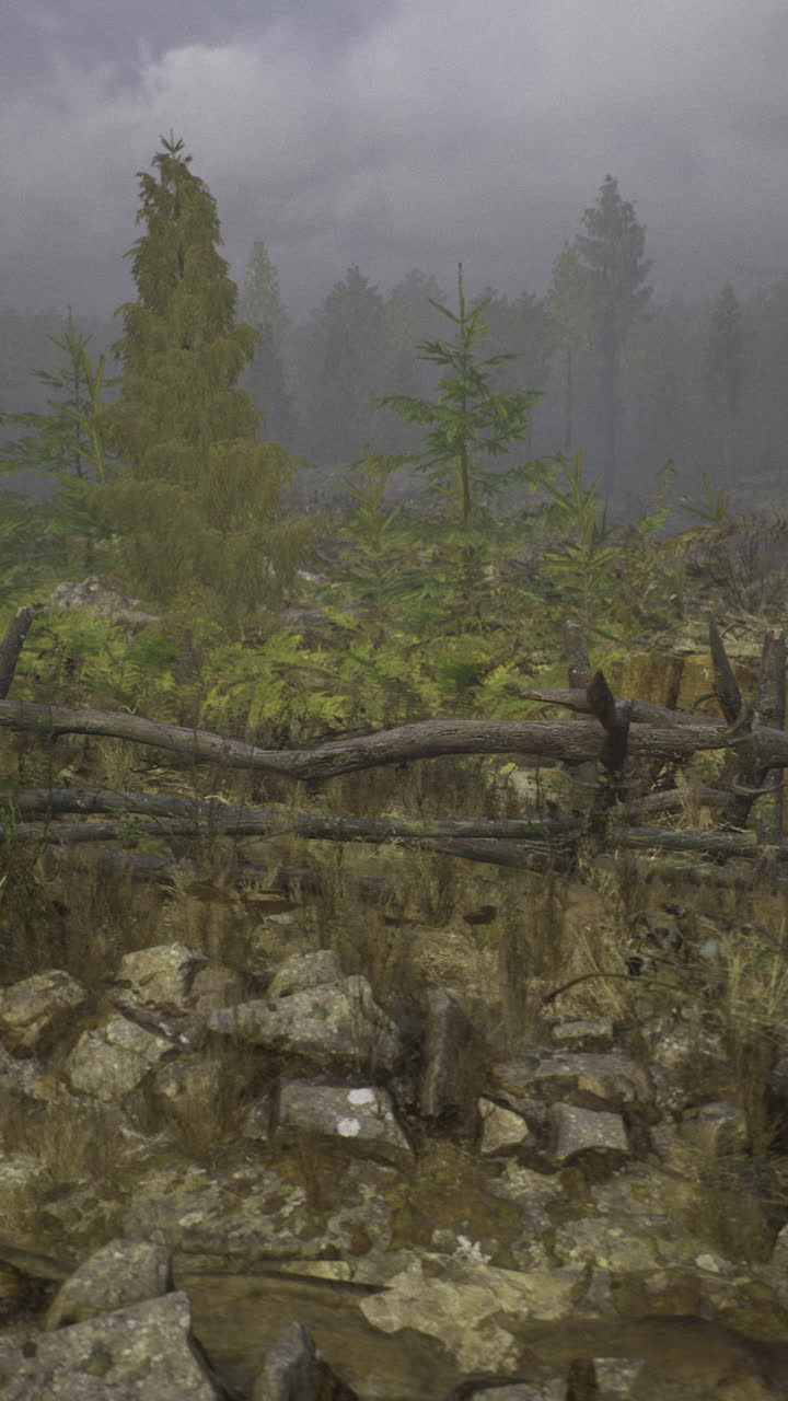 Mysterious forest landscape reveals ancient overgrown pathways at dusk