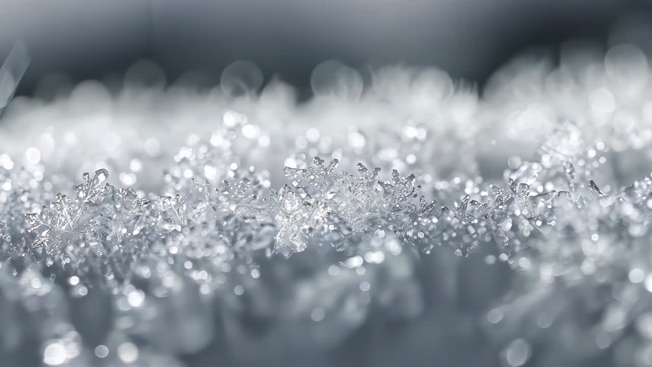 Shifting camera focus following morning light over ice crystals on cold surface, revealing shapes