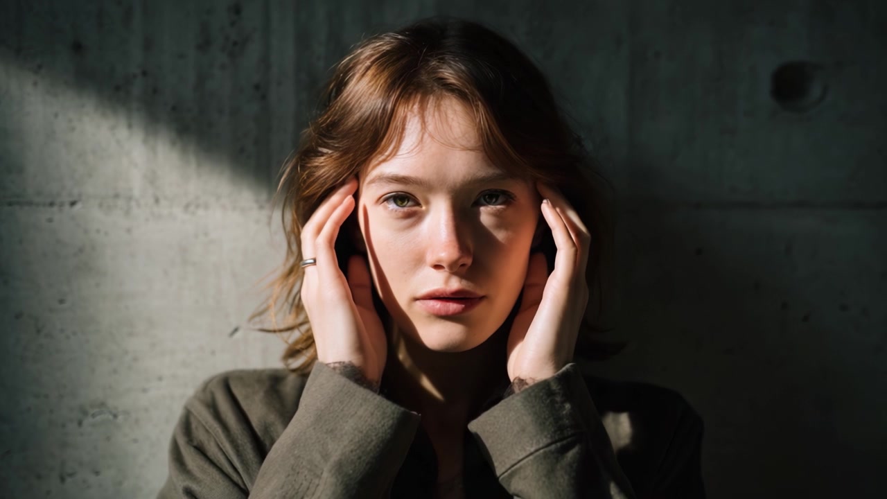 A woman with thoughtful expression, gently holding her head while standing against a textured wall, illuminated by soft light, capturing a moment of contemplation.