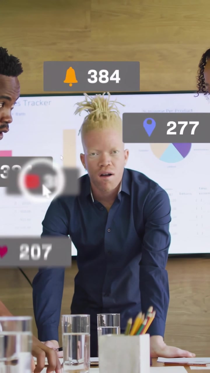 Vertical video: Lead leaning table social feed overlaying alerts on charts team checking metrics