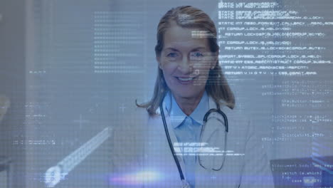 animación de procesamiento de datos de codificación binaria sobre una doctora caucásica