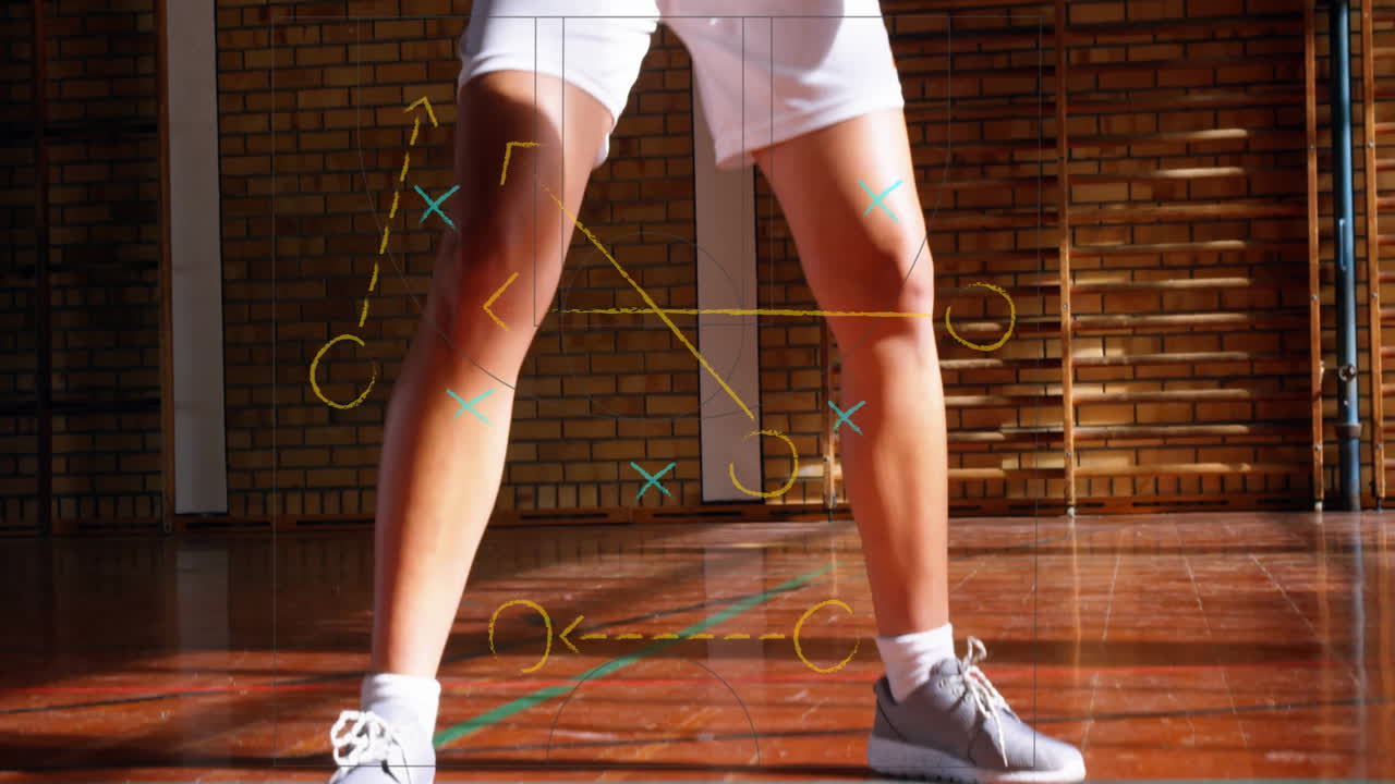 Basketball strategy animation over player dribbling on indoor court
