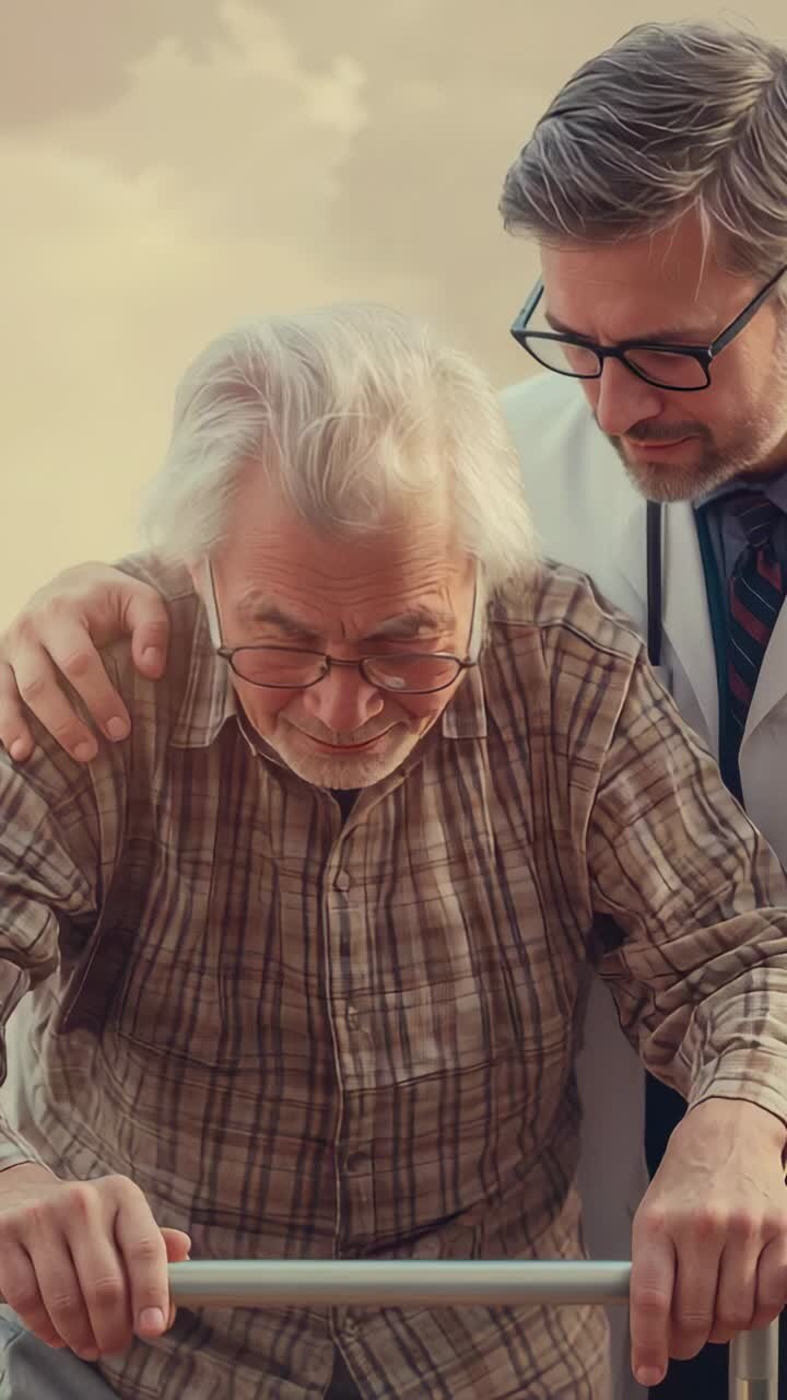 Vertical video: Senior patient gripping rail at clinic, doctor in white coat placing hand to steady