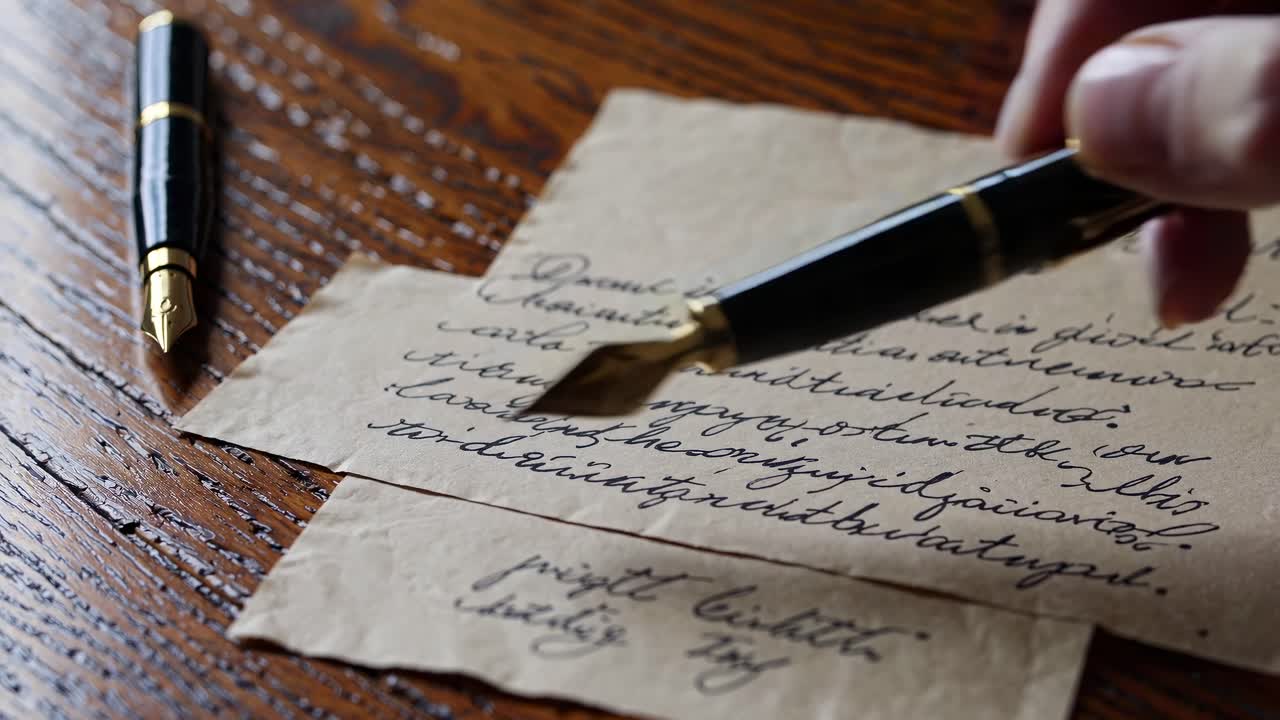 Close-up video of vintage handwritten letters on rustic wood, with a fountain pen