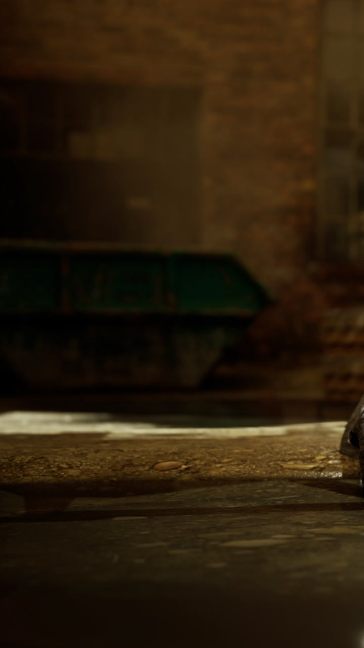 A curious cat explores a quiet alleyway at sunset in the heart of the city