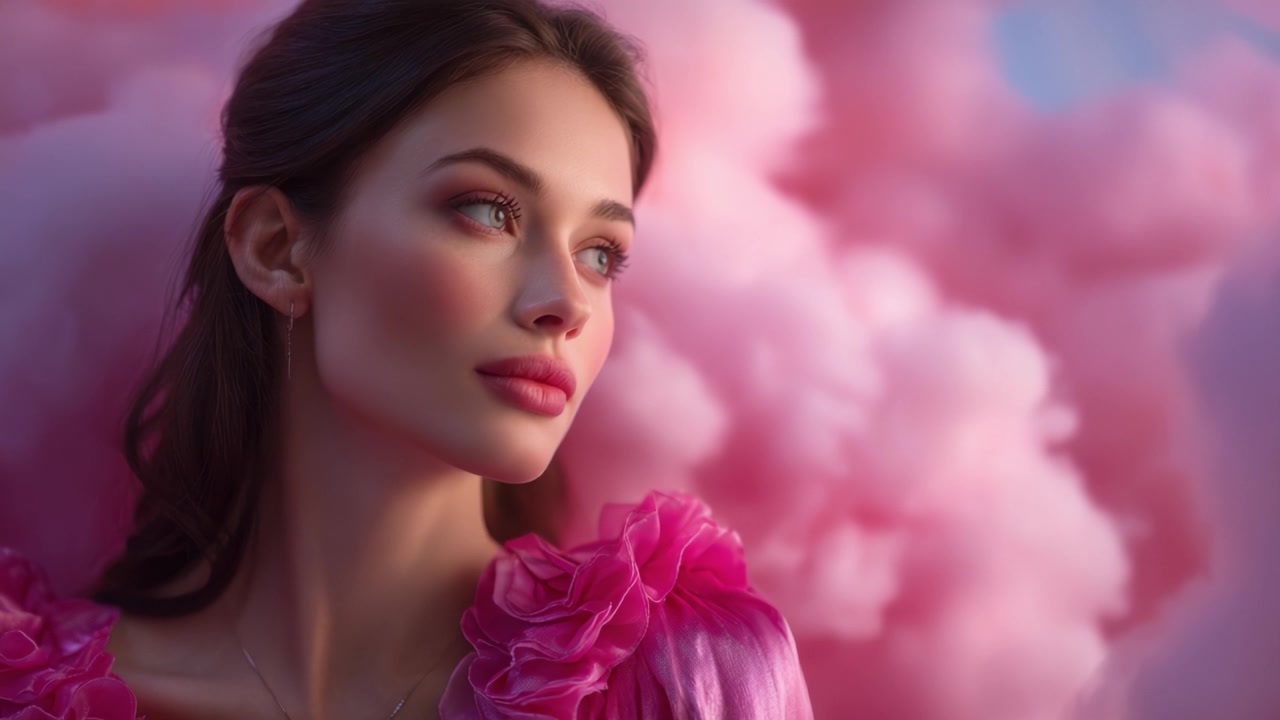 Un ritratto sognante di una giovane donna circondata da soffici nuvole rosa, che cattura l'essenza della bellezza e della serenità in un'atmosfera vivida ed eterea.