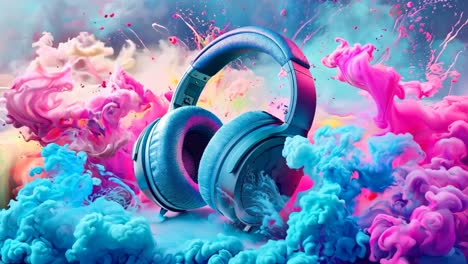 a pair of headphones sitting on top of a colorful cloud of paint