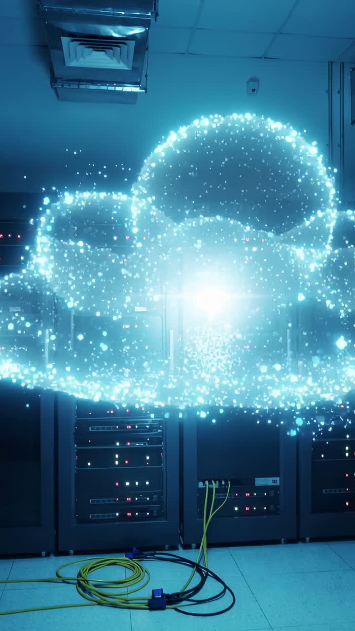 Vertical video: Forming cyan holo cloud hovering over server room floor by yellow cable and rack L