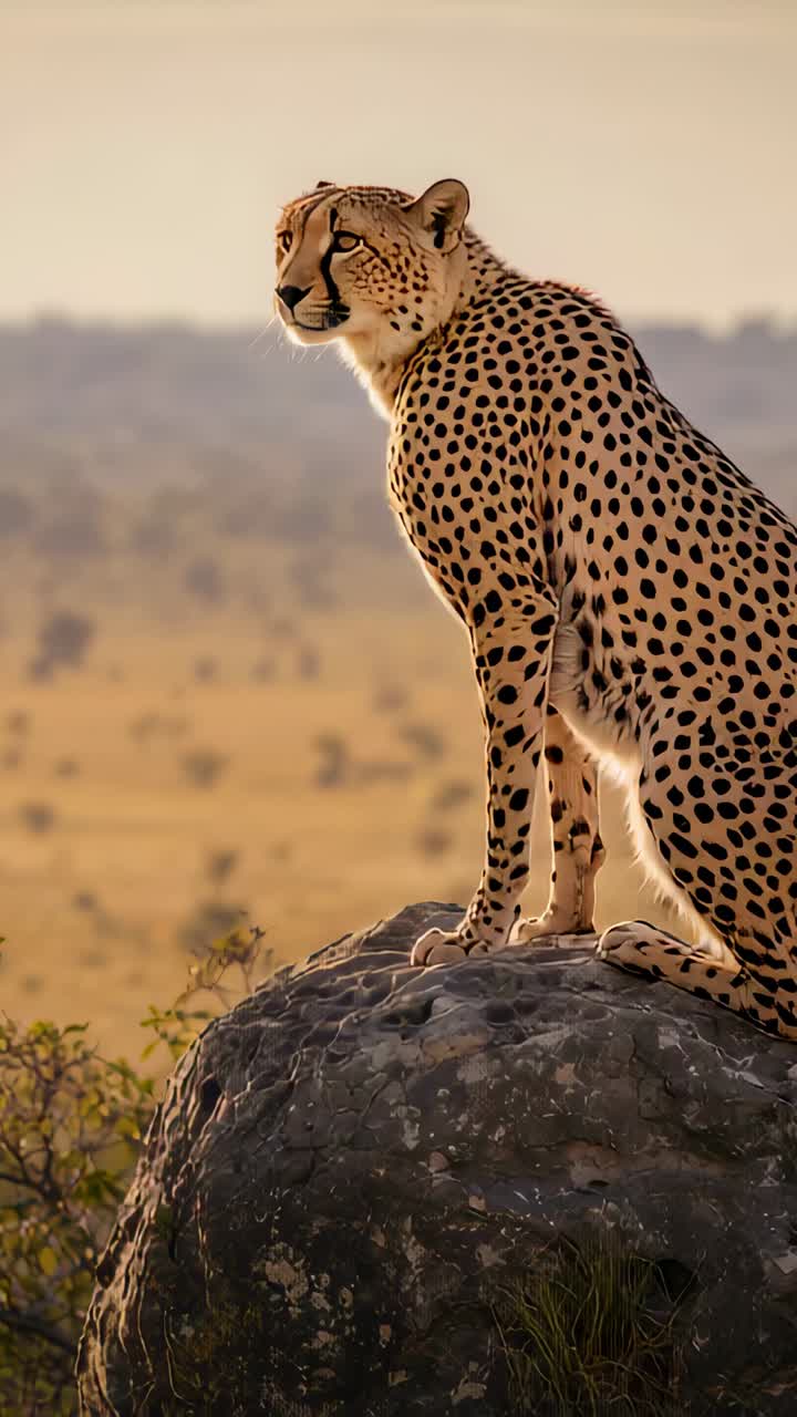 Vertical video: Perching cheetah surveying savanna in warm light on rock outcrop, copy space