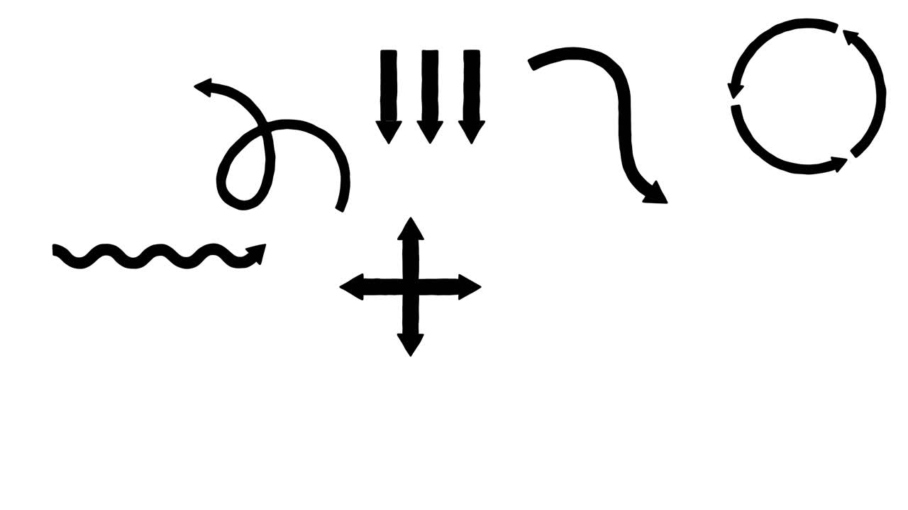 Various black arrow icons animate, rotate, and shift positions on a clean white background