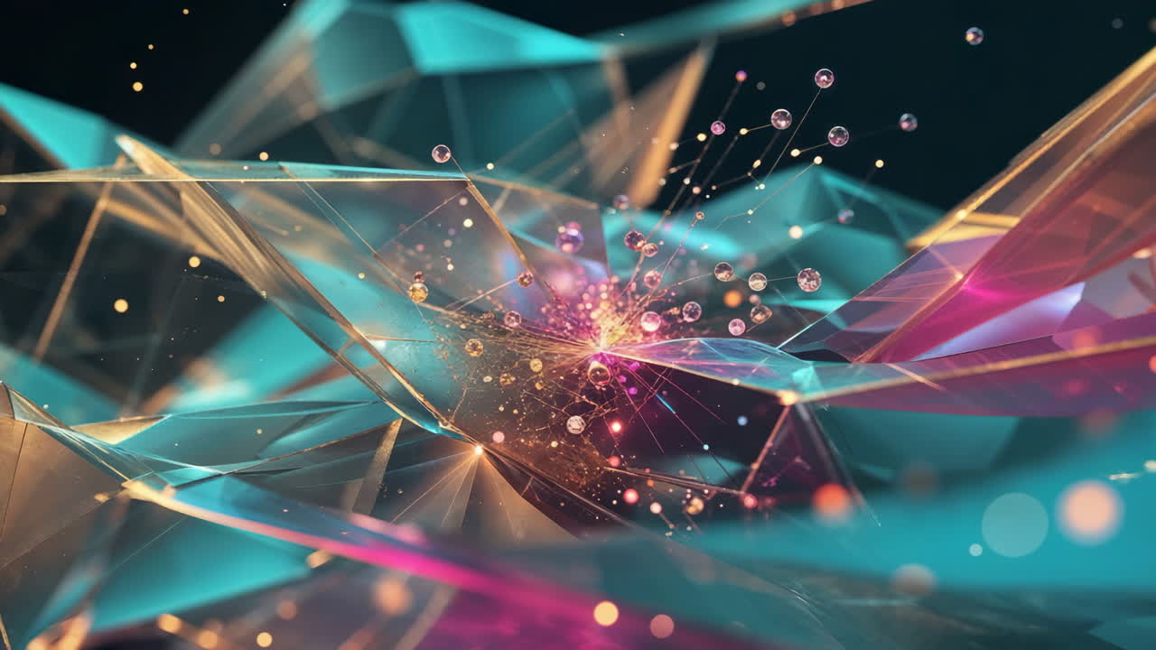 Abstract Digital Network with Geometric Shapes and Glowing Particles