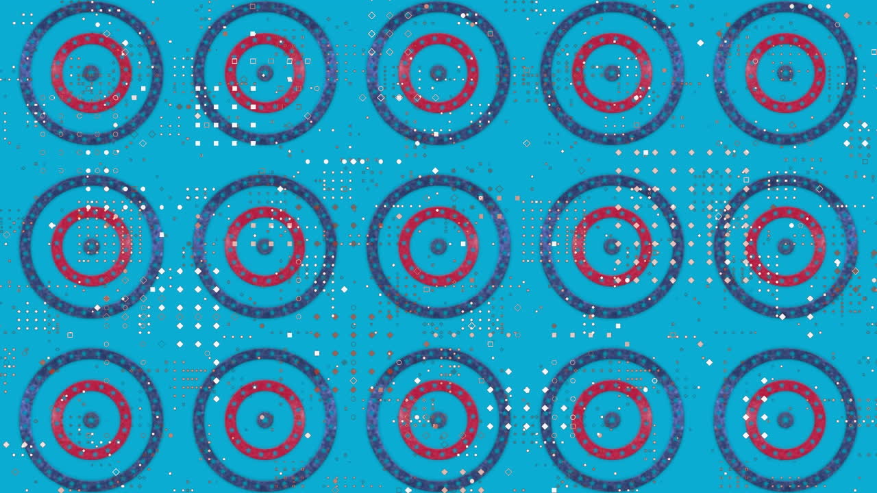 Digital animation of dot pattern design over multiple stars on spinning circles on blue background