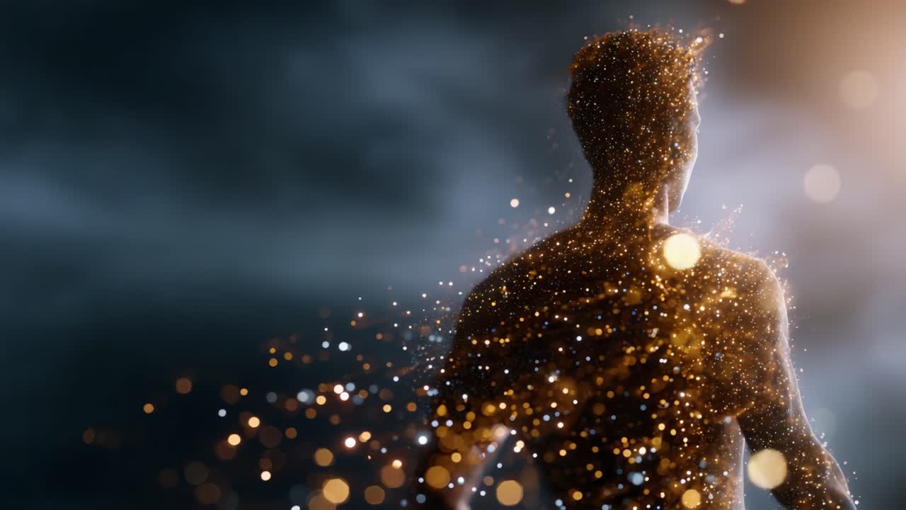 A Glimmering Transformation: Exploring the Cosmic Essence of Human Existence Through Abstract Visualization of a Silhouette Bursting with Light and Particles