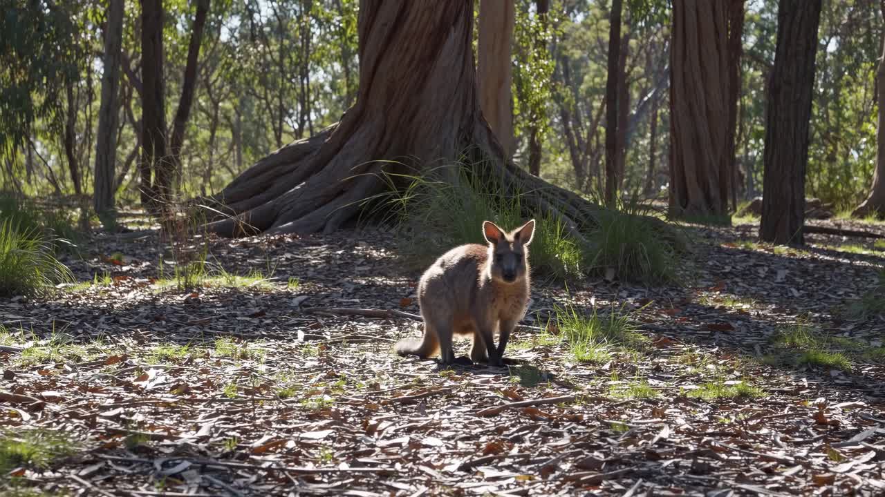 Video girato dal basso di un canguro in una foresta illuminata dal sole, circondato da alberi alti e sparsi