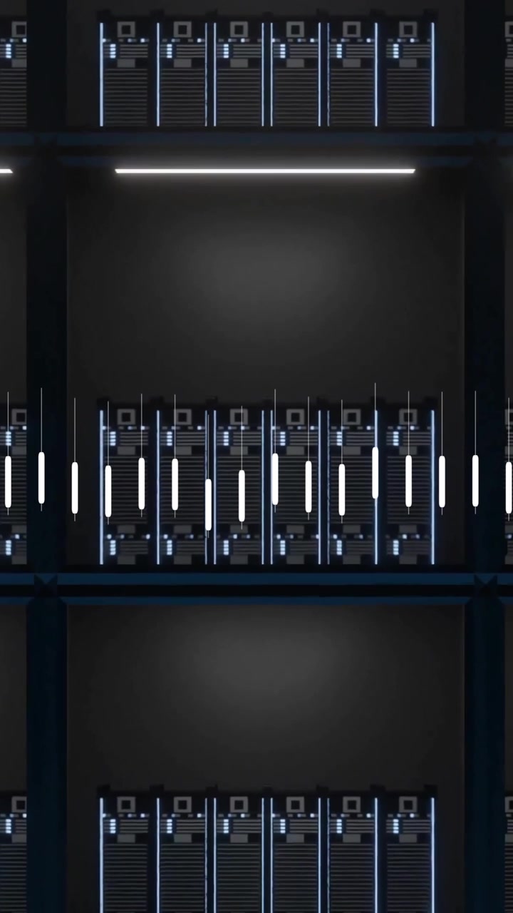 Data processing animation over server racks in data center, showcasing technology