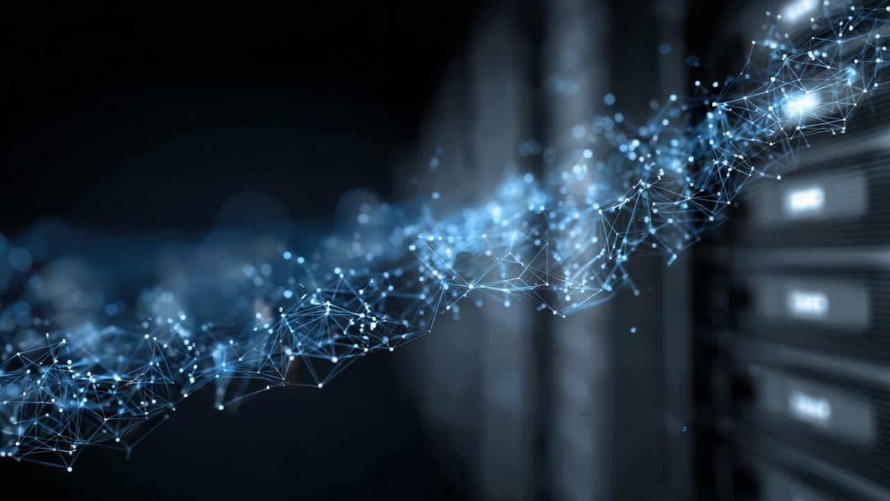 A Stunning Visualization of Data Flow in a Digital Environment, Showcasing a Network of Connections and Information Traveling through Server Technologies and Systems