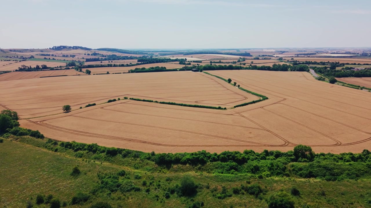 Drone view across expansive agricultural fields and rolling countryside beside Martin Down Nature Reserve in southern England on a bright summer day.