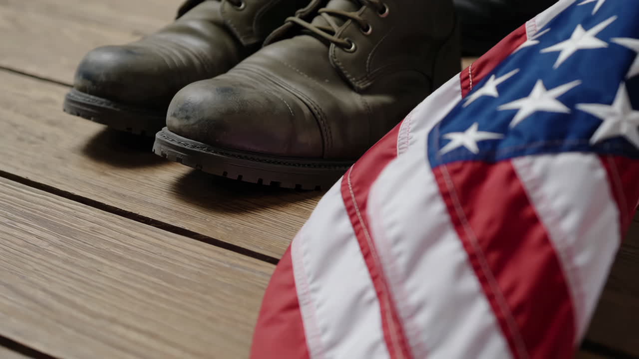 botas militares y bandera estadounidense