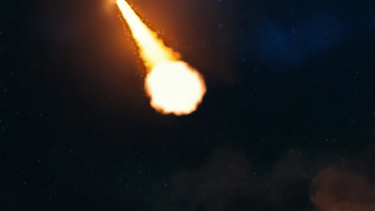 Military vehicle fires missile at night. A military vehicle launches a missile into the sky during nighttime, illuminating the dark landscape with flames.