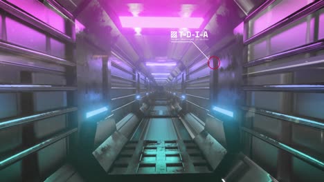 Animation-Von-Buchstaben-Um-Raketensymbole-über-Einem-Beleuchteten-Futuristischen-Tunnel-Im-Hintergrund