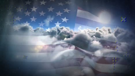 animation of abstract shapes over waving american flag against clouds in the sky