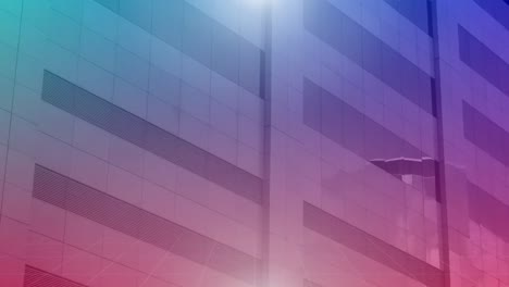 animación de un grupo de personas de negocios con tonalidad azul a rosa sobre el edificio de oficinas