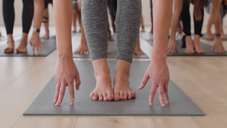 yoga class instructor teaching group of young women warrior pose on exercise mat enjoying healthy lifestyle training meditation practice in fitness studio