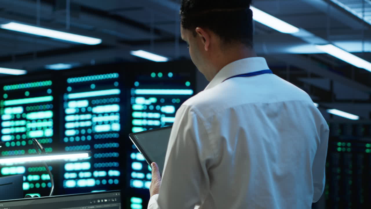 IT professional doing maintenance on server room infrastructure using tablet