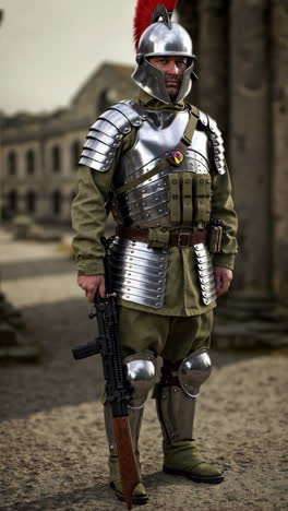 ancient roman soldier with modern weapon