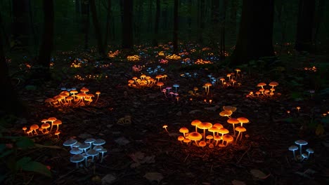 a stunning display of bioluminescent mushrooms illuminating a forest floor in a captivating array of colors amidst the shadows of tall trees