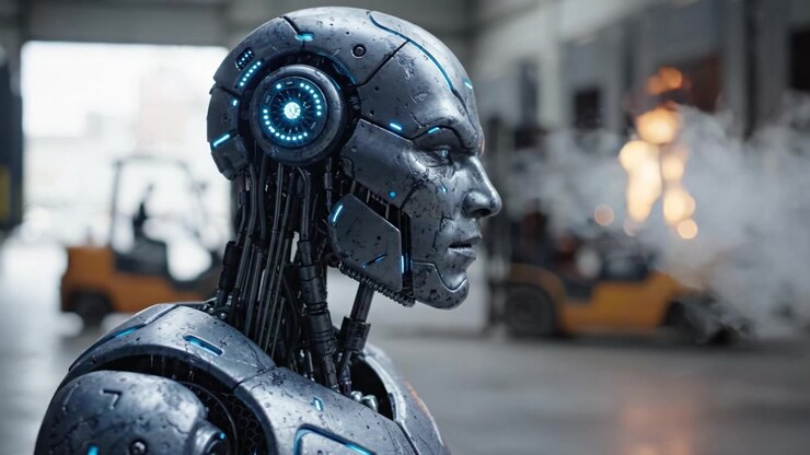 Robot umanoide futuristico con caratteristiche metalliche ed elementi luminosi si erge in un ambiente industriale, mostrando tecnologia avanzata e capacità di intelligenza artificiale per paesaggi futuri