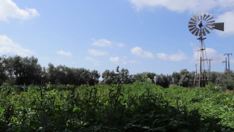 Wide-shot-of-a-metallic-irrigation-windmill-in-a-field-on-a-sunny-day