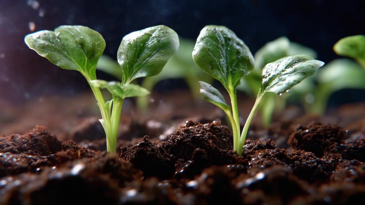 Una vista ravvicinata di giovani piantine che crescono in terreno fertile, esaltata da goccioline d'acqua che brillano nell'aria, a significare vita e rinnovamento nel ciclo della natura.