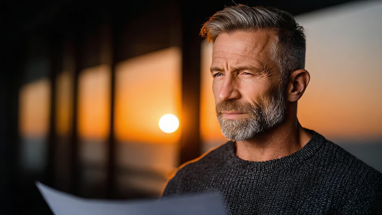 Un uomo contemplativo guarda il tramonto mentre tiene in mano un foglio, catturando la serenità e la riflessione di pensieri importanti in un momento di tranquillità