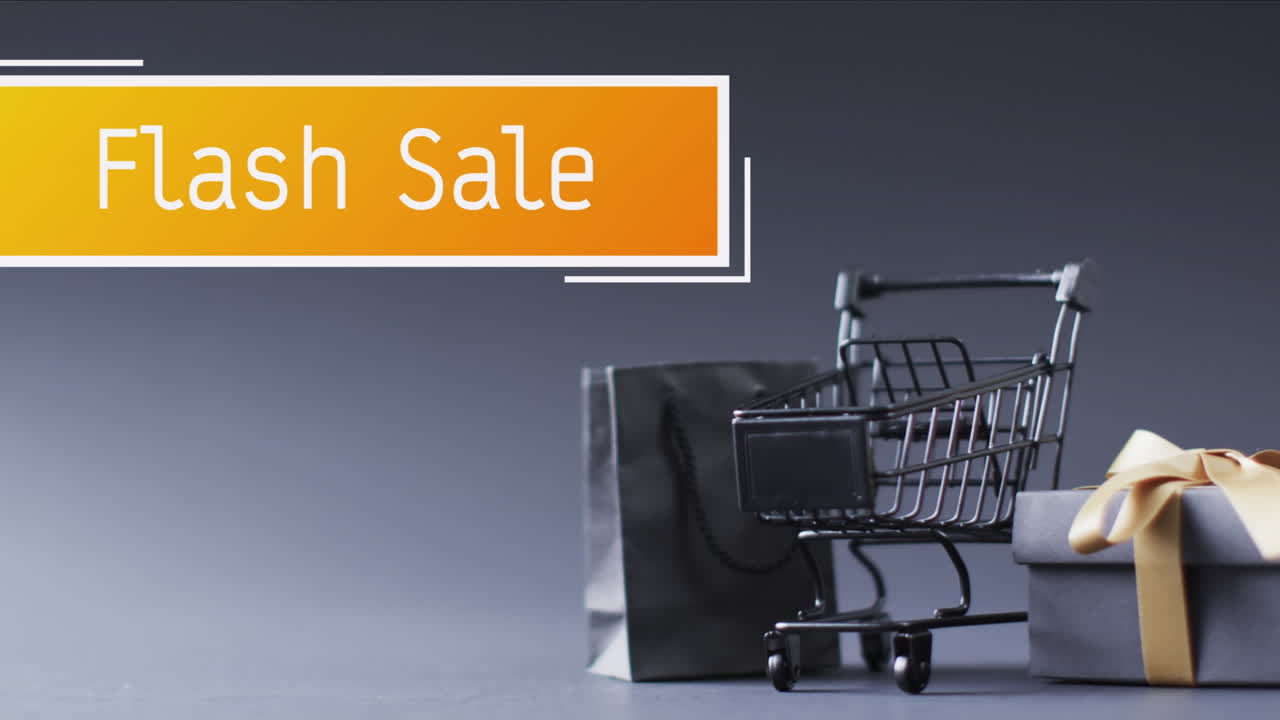 쇼핑 트롤리 위에 플래시 판매 텍스트의 애니메이션