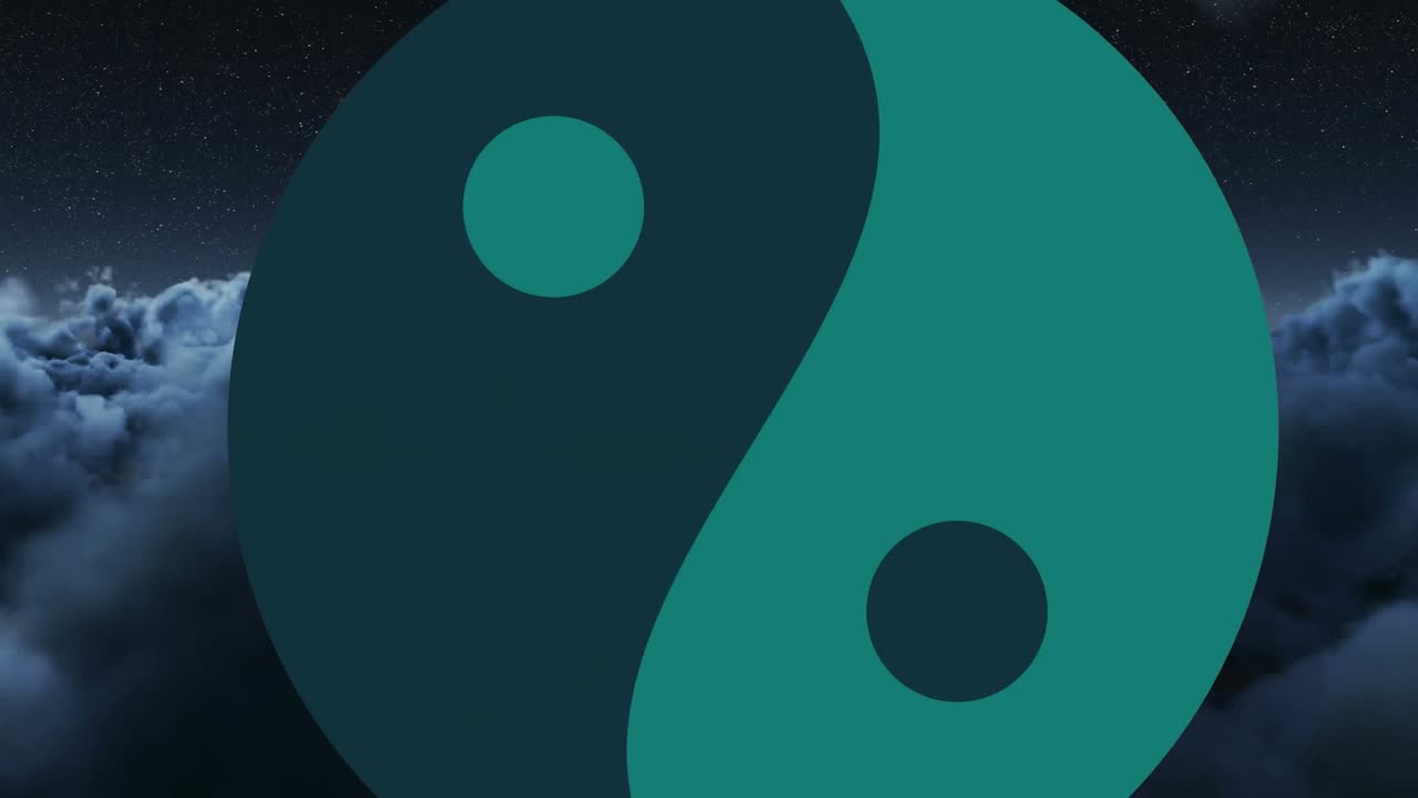 Animation of yin yang symbol over sky with clouds