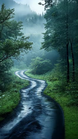 winding path through lush forest during early morning mist