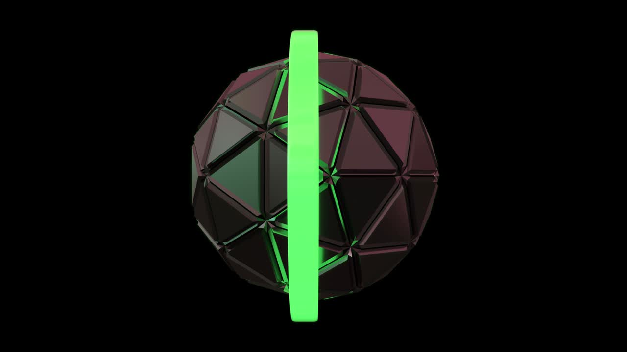 giro de una bola geométrica futurista construida a partir de triángulos con canal alfa. órbita de neón moviéndose alrededor de la esfera. patrón sin costuras.