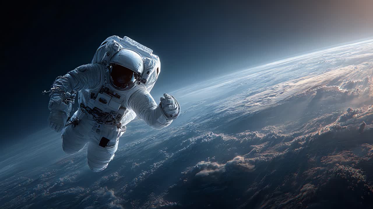 An astronaut gracefully floats above Earth, embodying the spirit of exploration and discovery while showcasing the breathtaking beauty of our planet from the cosmos