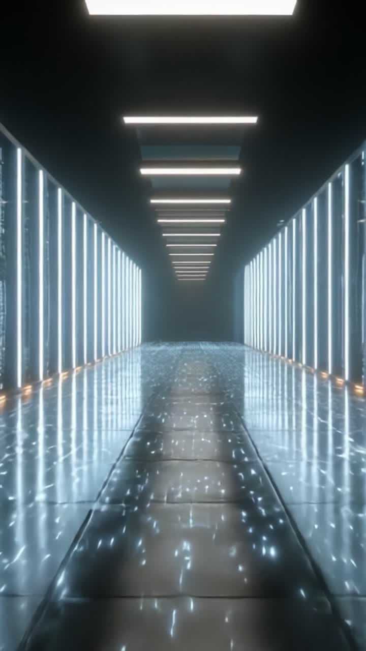 Uno splendido corridoio futuristico con pareti illuminate e pavimento scintillante, che crea un percorso enigmatico fiancheggiato da luci brillanti che conducono a una destinazione sconosciuta
