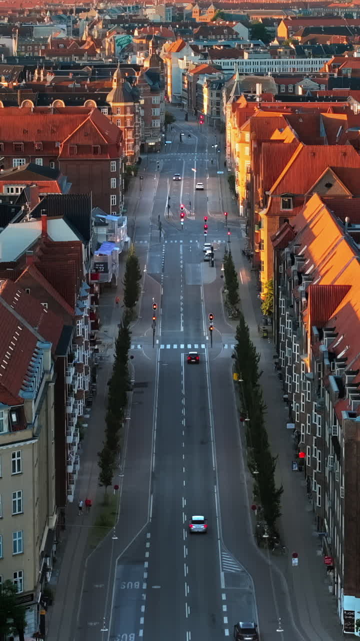 Aerial drone view of Amagerbro area in the northern part of the island Amager in Copenhagen, Denmark at sunset. Vertical