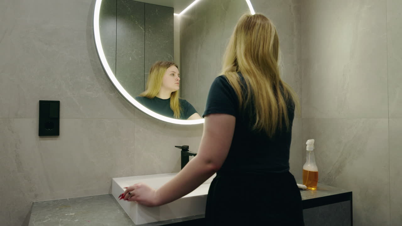 Donna che pulisce il lavandino in un bagno moderno