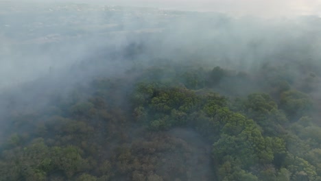 Drone-shot-of-smoke-from-a-forest-fire-on-an-island