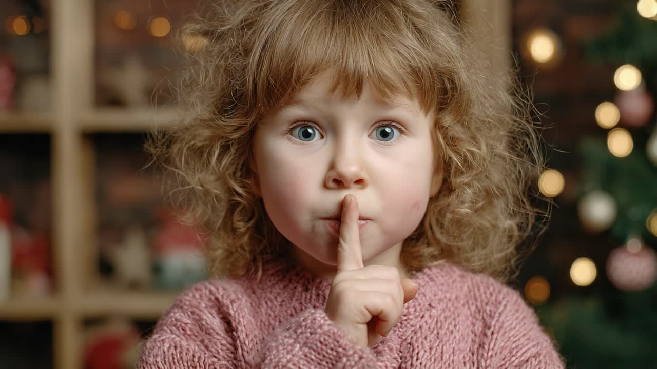 A Young Girl with Curly Hair Demonstrates a Playful 'Shh' Gesture with a Finger to Her Lips Against a Cozy Background of Holiday Decor and Soft Lights