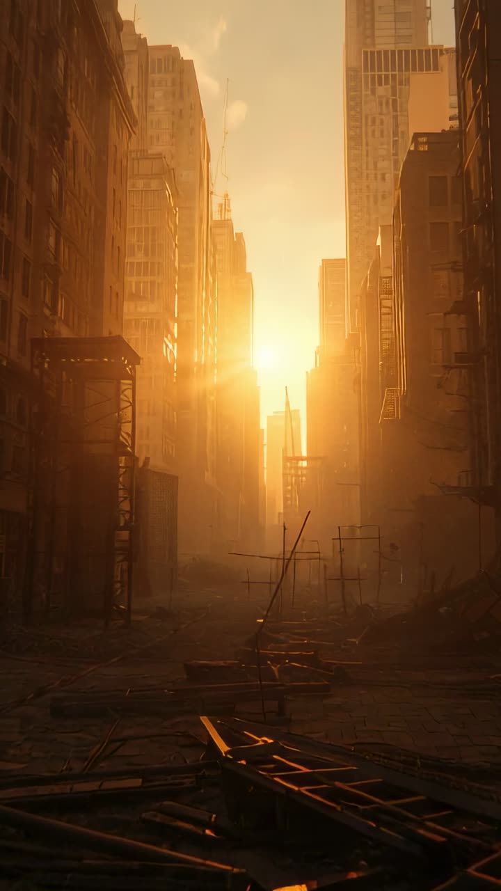 Vertical video: Ascending sun illuminating downtown street, revealing broken platforms and beams