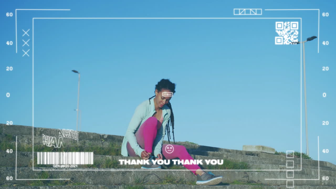 gracias animación de texto sobre mujer sentada en las escaleras al aire libre