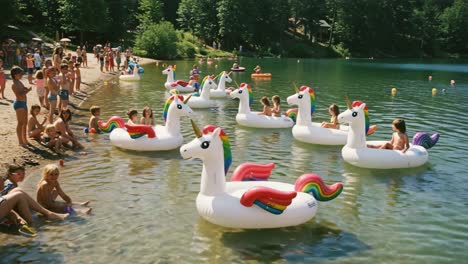 a summer day at the lake with kids playing on colorful unicorn pool floats, enjoying sunlight and water fun in a vibrant natural setting