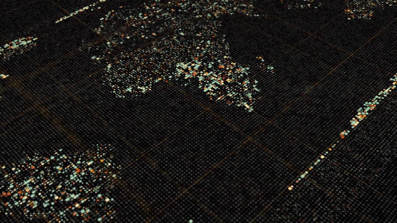 Abstract animation of world map in digital screen formed by tiny figures. Animation. Digital screen with continents flowing slowly on black background, seamless loop