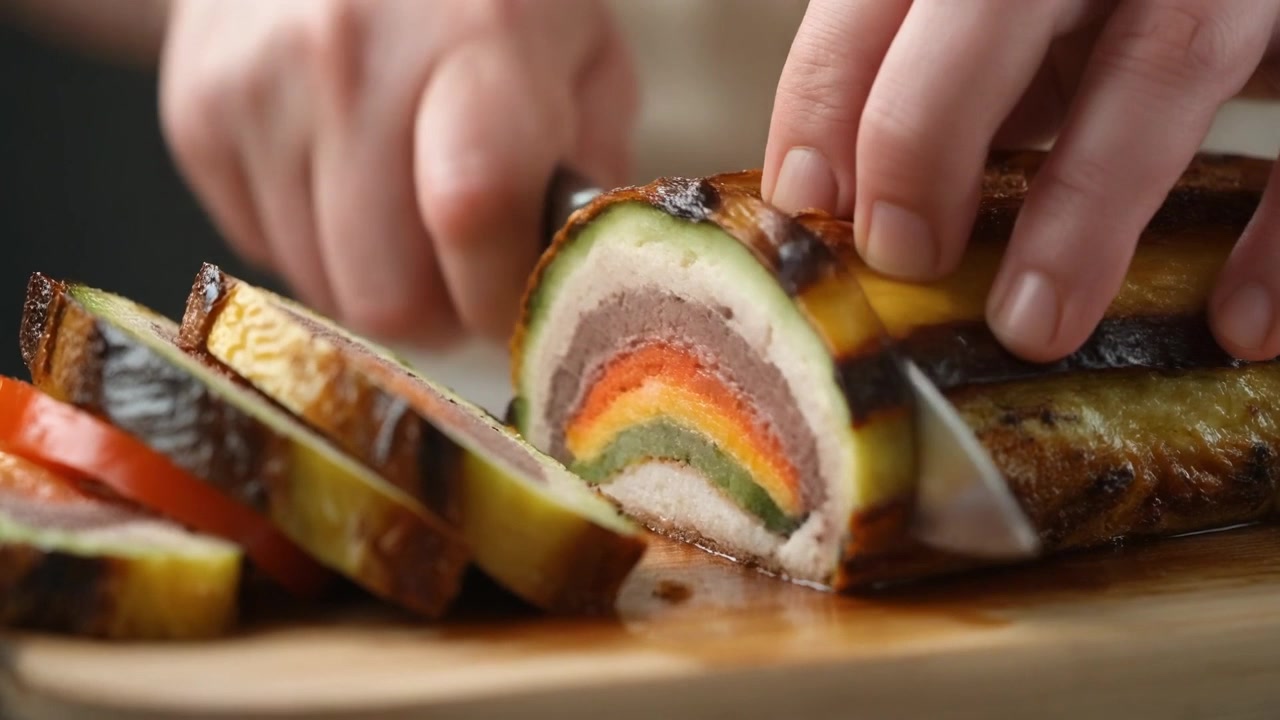 Chef che affetta una terrina di verdure a strati colorata su un tagliere di legno