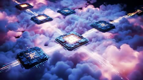 a stunning scene of advanced processors amid colorful clouds in a futuristic landscape, connected by light trails, creating a mesmerizing blend of technology and imagination.
